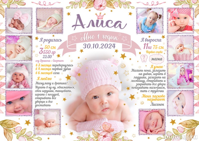 Плакат "Мне 1 годик" №4 для девочки