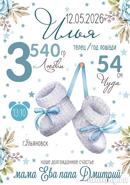 Метрика №120 с пинетками для мальчика Метрика №120 с пинетками для мальчика