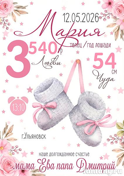 Метрика №121 с пинетками для девочки Метрика №121 с пинетками для девочки