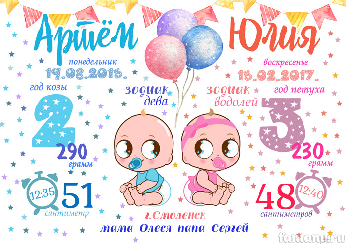 Метрика №18 для мальчика и девочки, двойни