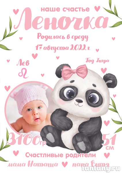 Метрика №77 с пандой для девочки