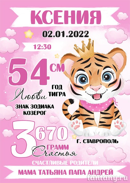 Метрика №89 с Тигрёнком для девочки