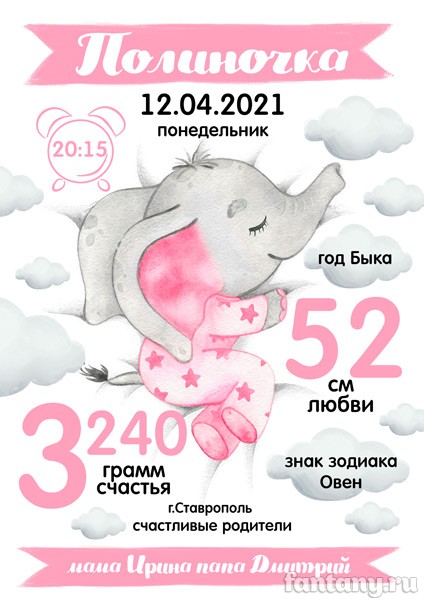 Метрика №92 со Слоненком для девочки